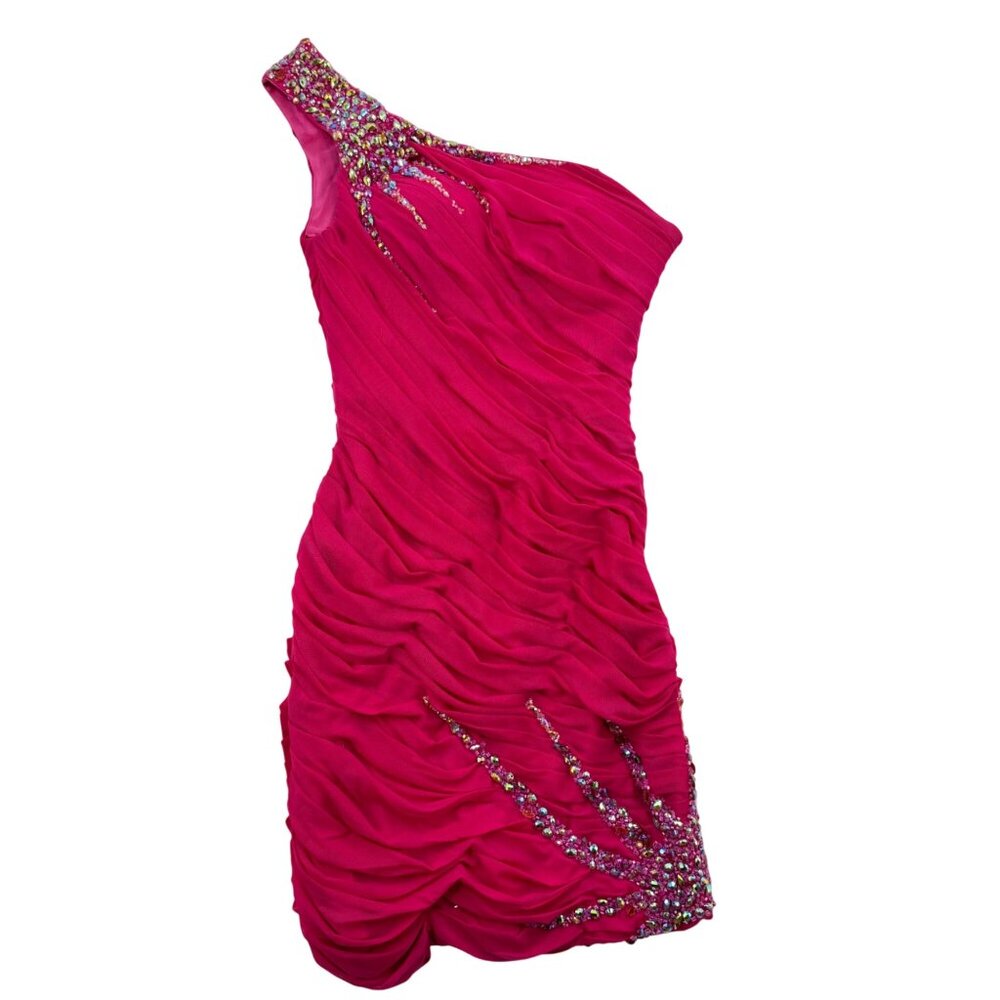 La Femme Fuchsia One-Shoulder Ruched Cocktail Dress W/ Beaded Details Size 4